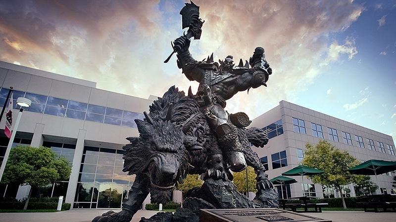 A photograph of the orc statue on Blizzard's Irvine campus.