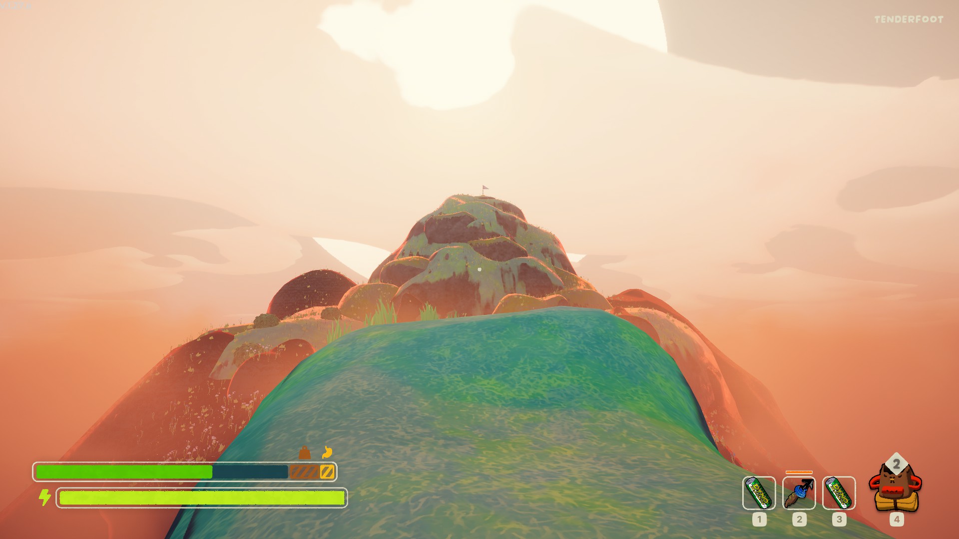 The player stands in front of the cusp of the mountain in Peak