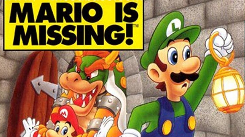 Cover art for Nintendo's Mario is Missing, showing Bowser kidnapping Mario from an unaware Luigi.