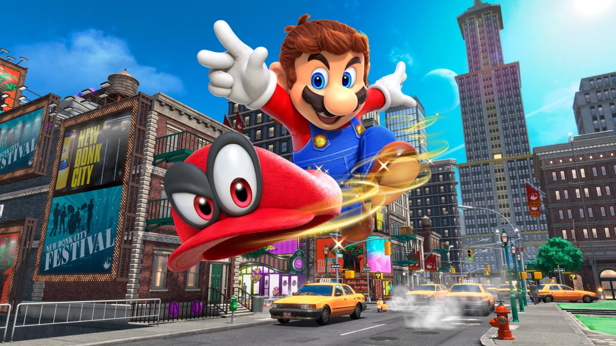 Key art of Super Mario Odyssey showing Mario throw his sentient cap, Cappy. Key art of Super Mario Odyssey showing Mario throw his sentient cap, Cappy.