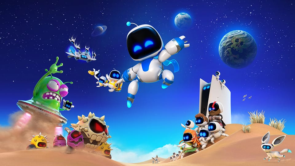 Key art for Astro Bot. The titular robot jumps for joy against a background of cartoon enemies and playstation-themed bots. Key art for Astro Bot. The titular robot jumps for joy against a background of cartoon enemies and playstation-themed bots.