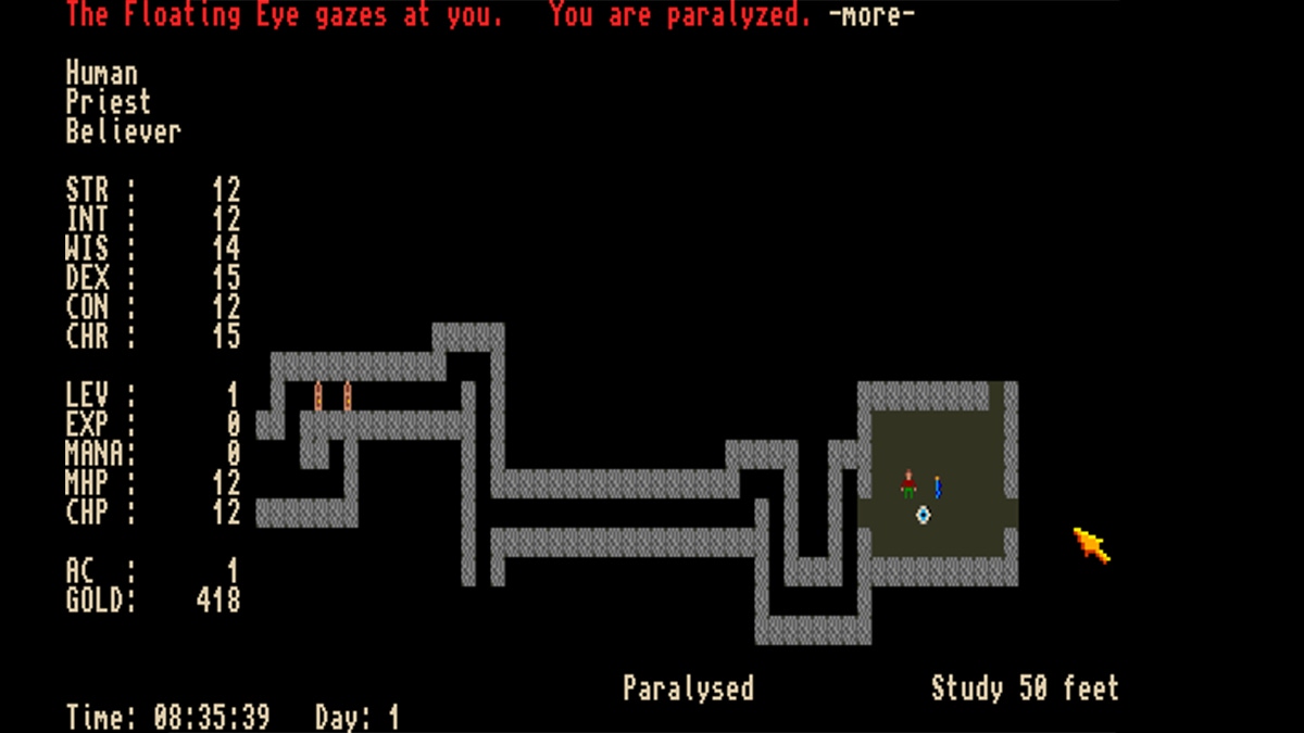 A screenshot from Moria depicting a dungeon level A screenshot from Moria depicting a dungeon level