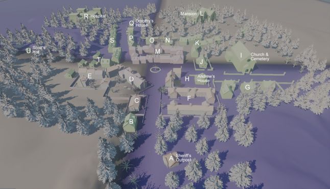(Early village design that would eventually be scrapped for a better layout.)