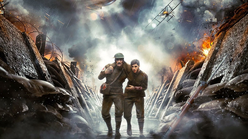 Key art for War Hospital. A medic leads a soldier through a trench.