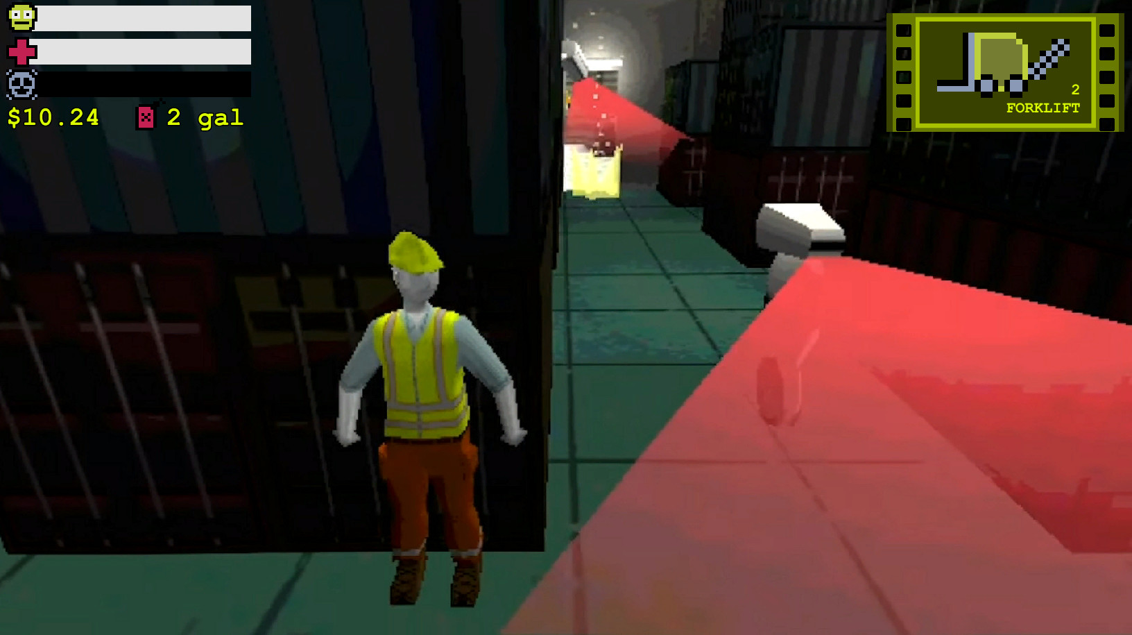 a worker hides from warehouse supervising robots