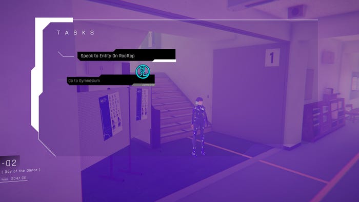 A character stands in a hazy purple hallway