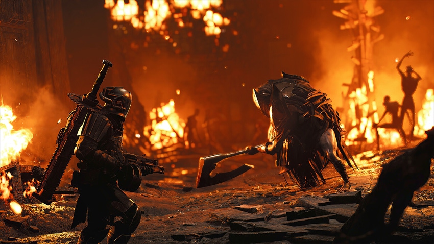 A screenshot from Remnant 2 showing a player character confronting a foe surrounded by flames