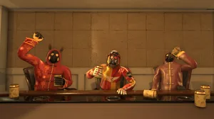 A screenshot of Escape the Backrooms, featuring three characters posing at a table with drinks and masks A screenshot of Escape the Backrooms, featuring three characters posing at a table with drinks and masks