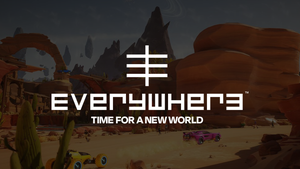 The Everywhere logo overlaid on a screenshot of a racing game made on the platform