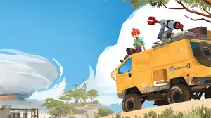 A red-haired woman sat on a bright yellow caravan overlooking a stunning vista A red-haired woman sat on a bright yellow caravan overlooking a stunning vista