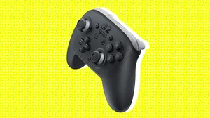 The Switch 2 Pro Controller on a bright yellow background The Switch 2 Pro Controller on a bright yellow background