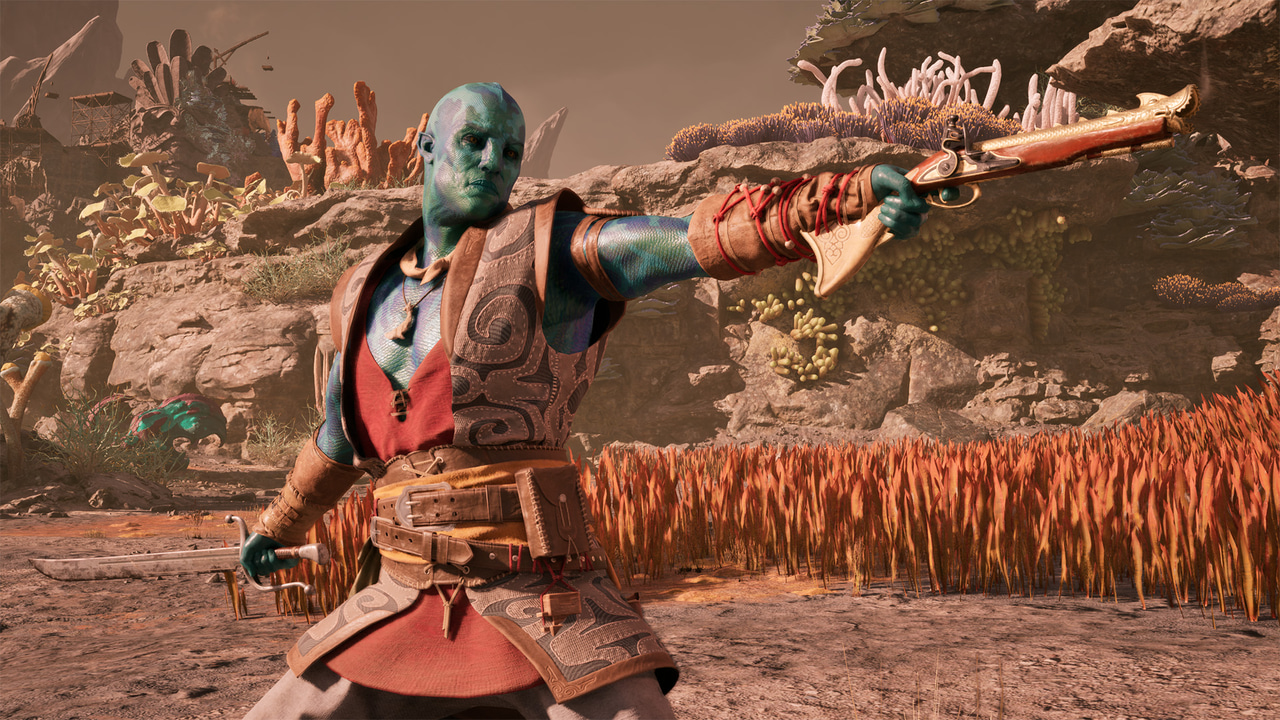 Entertainment Kai, a washbuckling blue-skinned companion from Avowed, wields a blunderbuss and saber. Entertainment Kai, a washbuckling blue-skinned companion from Avowed, wields a blunderbuss and saber.