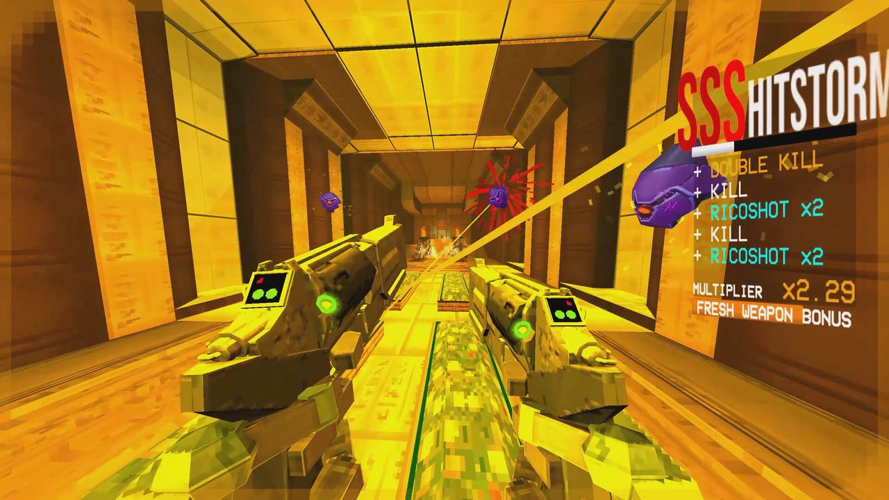 A first-person view of a player shooting at incoming monsters with two guns in Ultrakill. A first-person view of a player shooting at incoming monsters with two guns in Ultrakill.