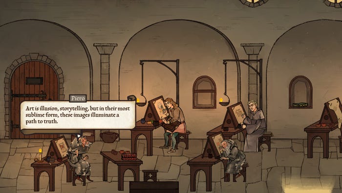A screenshot from Pentiment depicting artists at work