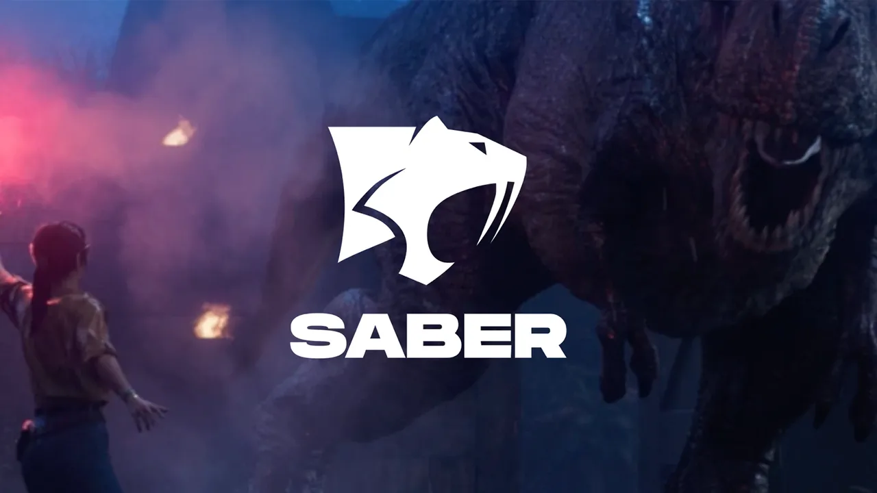 The Saber logo overlaid on a screenshot from Jurassic Park: Survival The Saber logo overlaid on a screenshot from Jurassic Park: Survival