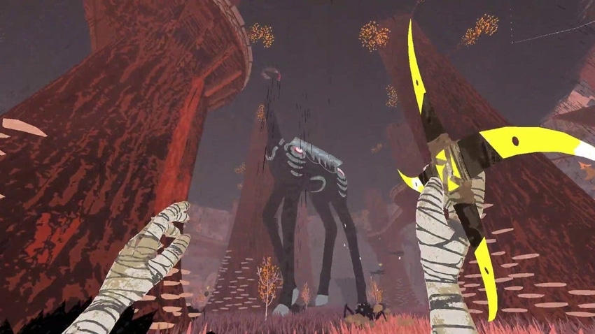 Screenshot of Dang!'s Boomerang X, showing the player staring at a large creature.