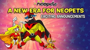 Promotional art showing three Neopians in superhero outfits. The graphic says "A new era for Neopets. Exciting Announcements."