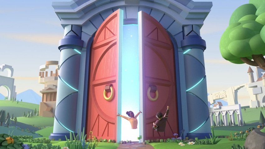 A picture of two users standing at the gates to Meta's idyllic metaverse
