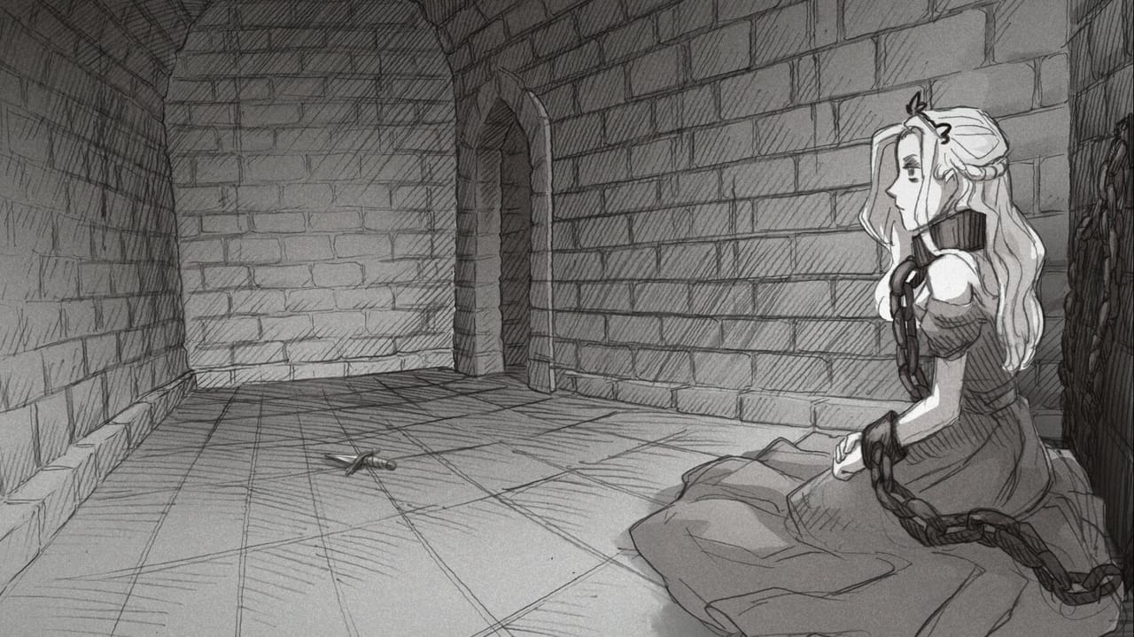 A young woman in chains sits in the corner of a dungeon room, with a dagger on the floor, drawn in black and white pencil art. A young woman in chains sits in the corner of a dungeon room, with a dagger on the floor, drawn in black and white pencil art.