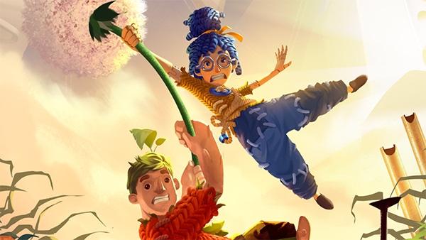 Key art from It Takes Two. The two player characters haphazardly grab onto a floating dandelion.
