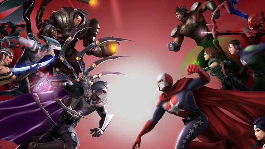Heroes and villains clashing in key art for NCSoft's City of Heroes.