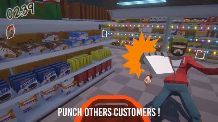a first person image of punching a hostile customer