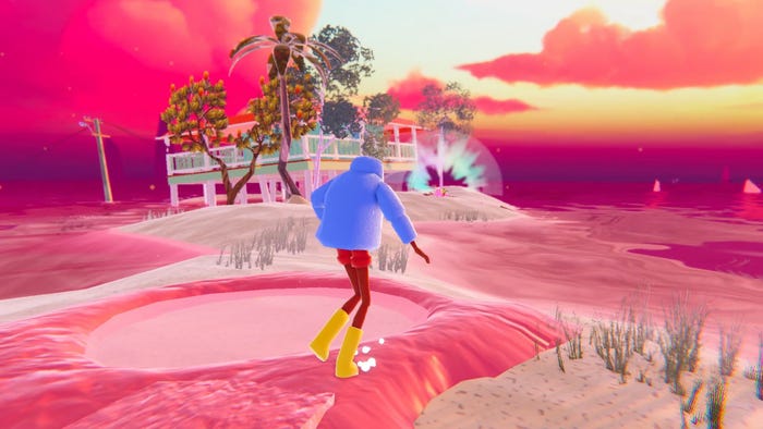 a colorful character walks around a beach, with a sinking house in the distance