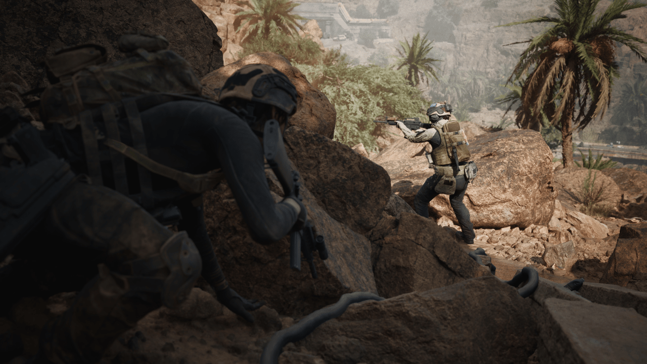 a character lurks in cover, spying an enemy a character lurks in cover, spying an enemy