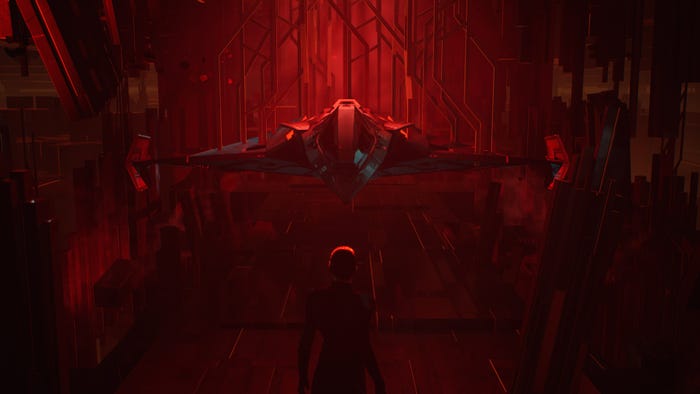 Art depicting a person standing in a dim, red-lit futuristic hangar with their back toward the viewer as they look at a spaceship.