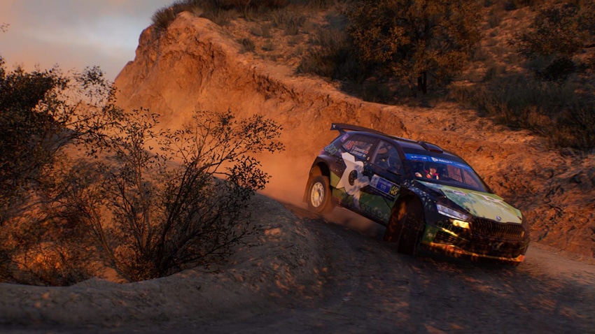 A car drifting on a dirt road in EA Sports WRC