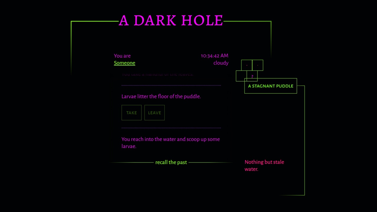 A description of stale water in a stagnant puddle. A small clutch of green squares - a digital life form - flits around A description of stale water in a stagnant puddle. A small clutch of green squares - a digital life form - flits around