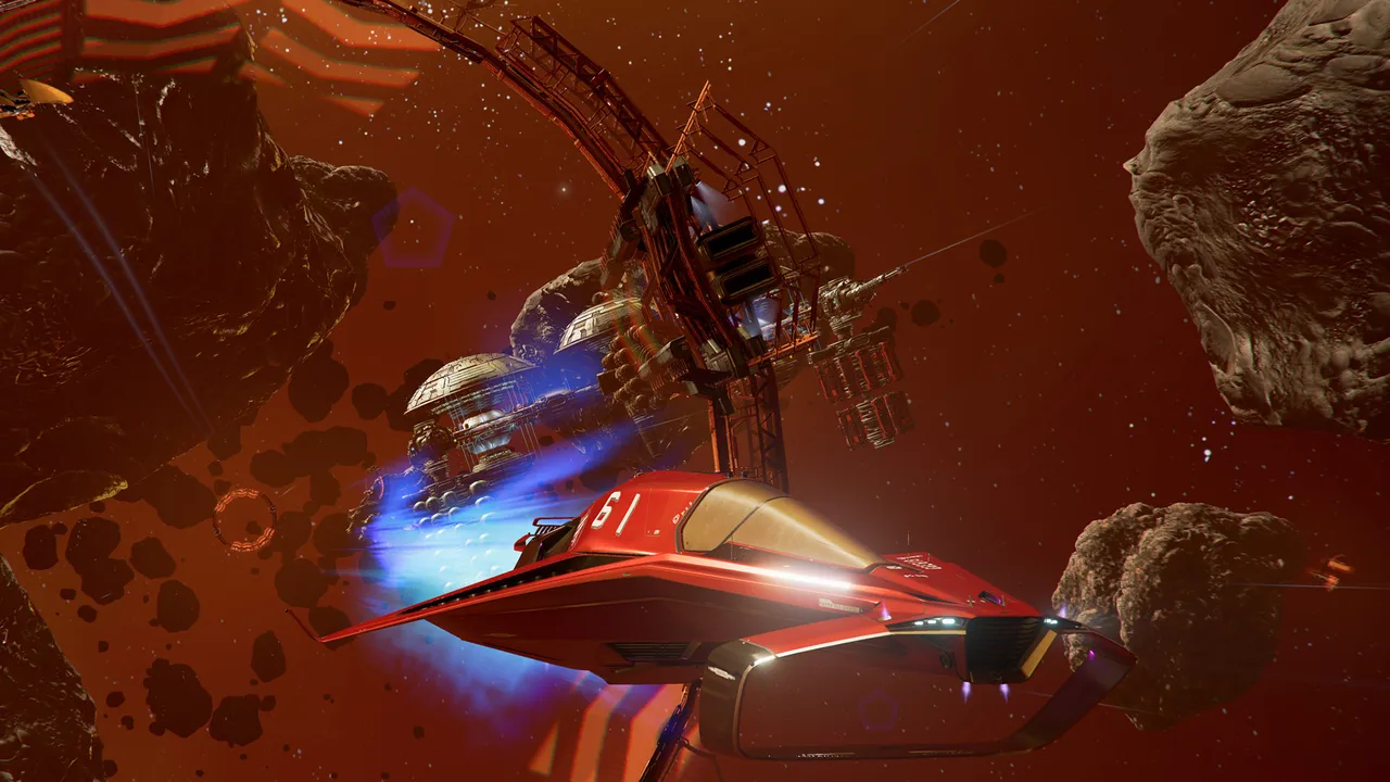 A sleek red spaceship flies away from a space station in X4: Foundations A sleek red spaceship flies away from a space station in X4: Foundations