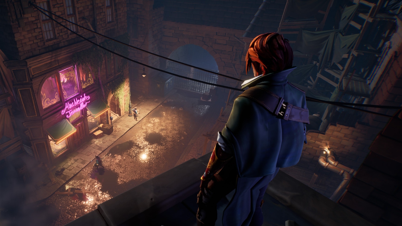 A thief looks down from the rooftop in a fantasy city. A thief looks down from the rooftop in a fantasy city.