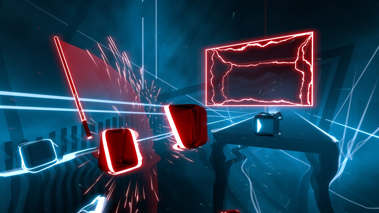Screenshot of blue and red notes in Beat Saber. Screenshot of blue and red notes in Beat Saber.