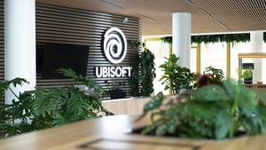 The Ubisoft logo on signage in a company office. The Ubisoft logo on signage in a company office.