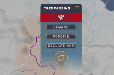 An early version of Humankind's grevances screen, with options to "forgive" "demand" or "declare war" over a trasspassing encounter.