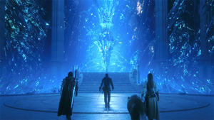 The party approaches a beam of light in Final Fantasy XVI