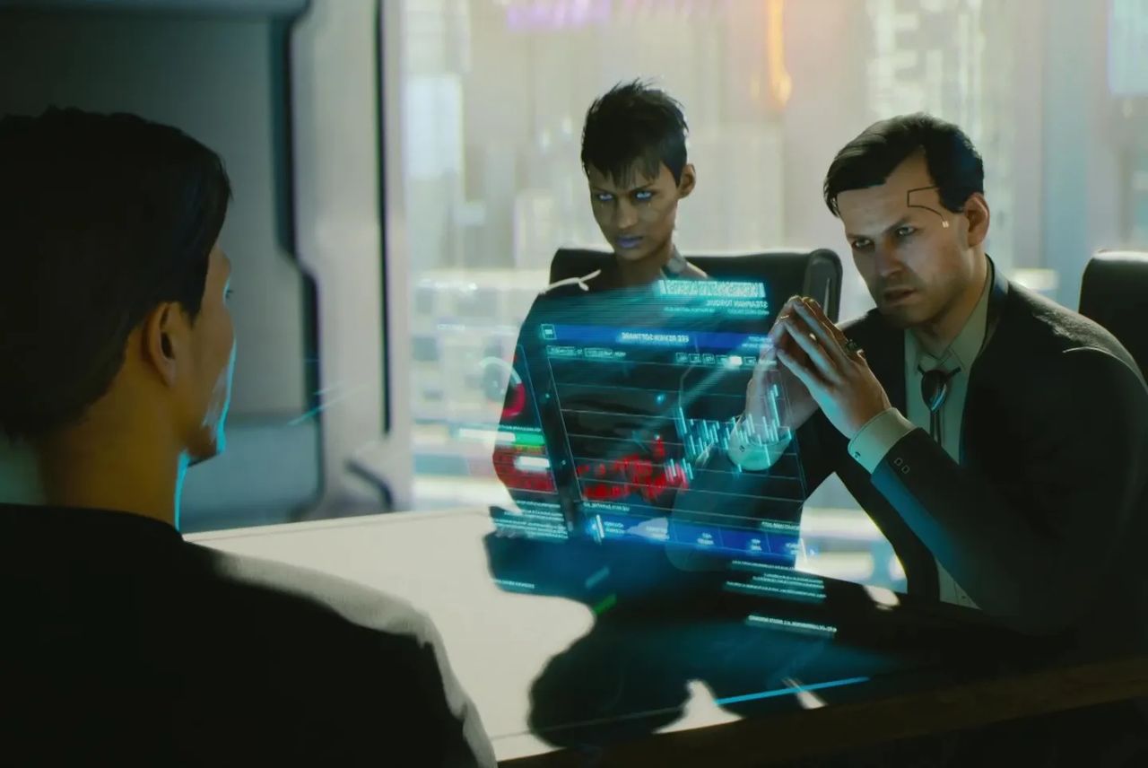 Three Corpos in a business meeting in Cyberpunk 2077. Three Corpos in a business meeting in Cyberpunk 2077.