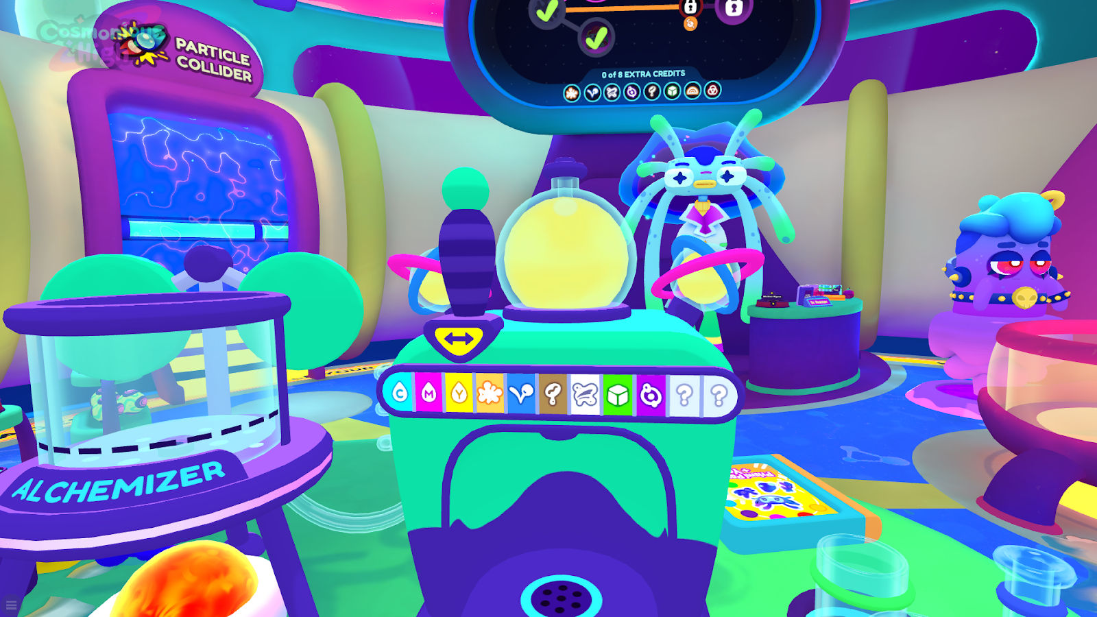 A fluid dispenser with 11 fluids, each in a different color, and marked with a symbol associated with the name or property.