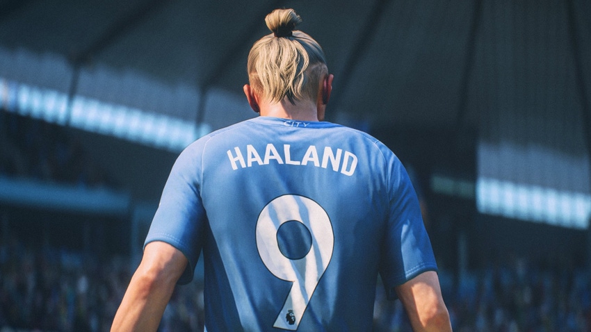 The back of Manchester striker Erling Haaland in a screenshot from EA Sports FC 24.