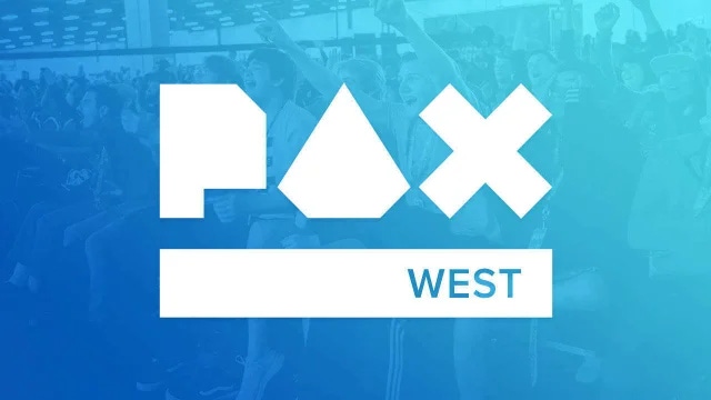 Pax West's text logo on a gradiant blue background.
