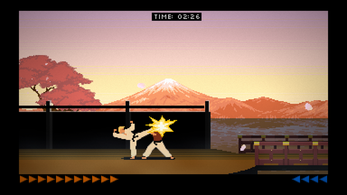 Karateka remastered showing a character kicking another with mountains, trees, and a sunset in the background