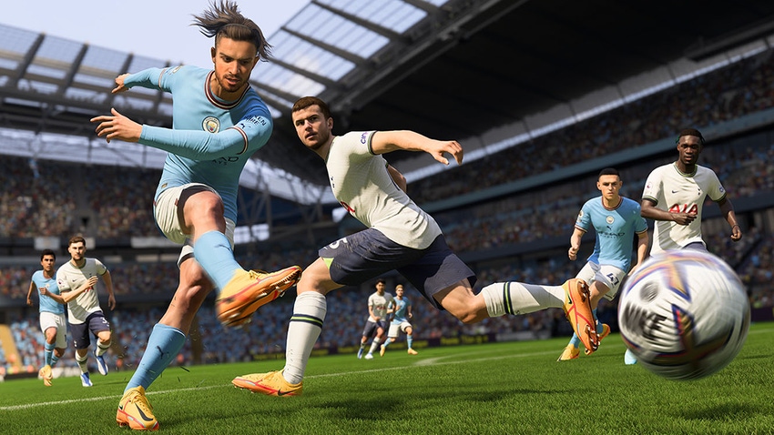 Screenshot of EA's FIFA 23, showing a soccer player kicking the ball