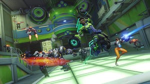 A screenshot from Overwatch 2's story mode. Lucio and other heroes fight off a wave of Omnic robots.