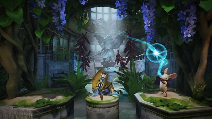 A screenshot from Moss: Book II. The player helps Quill battle a bug creature.