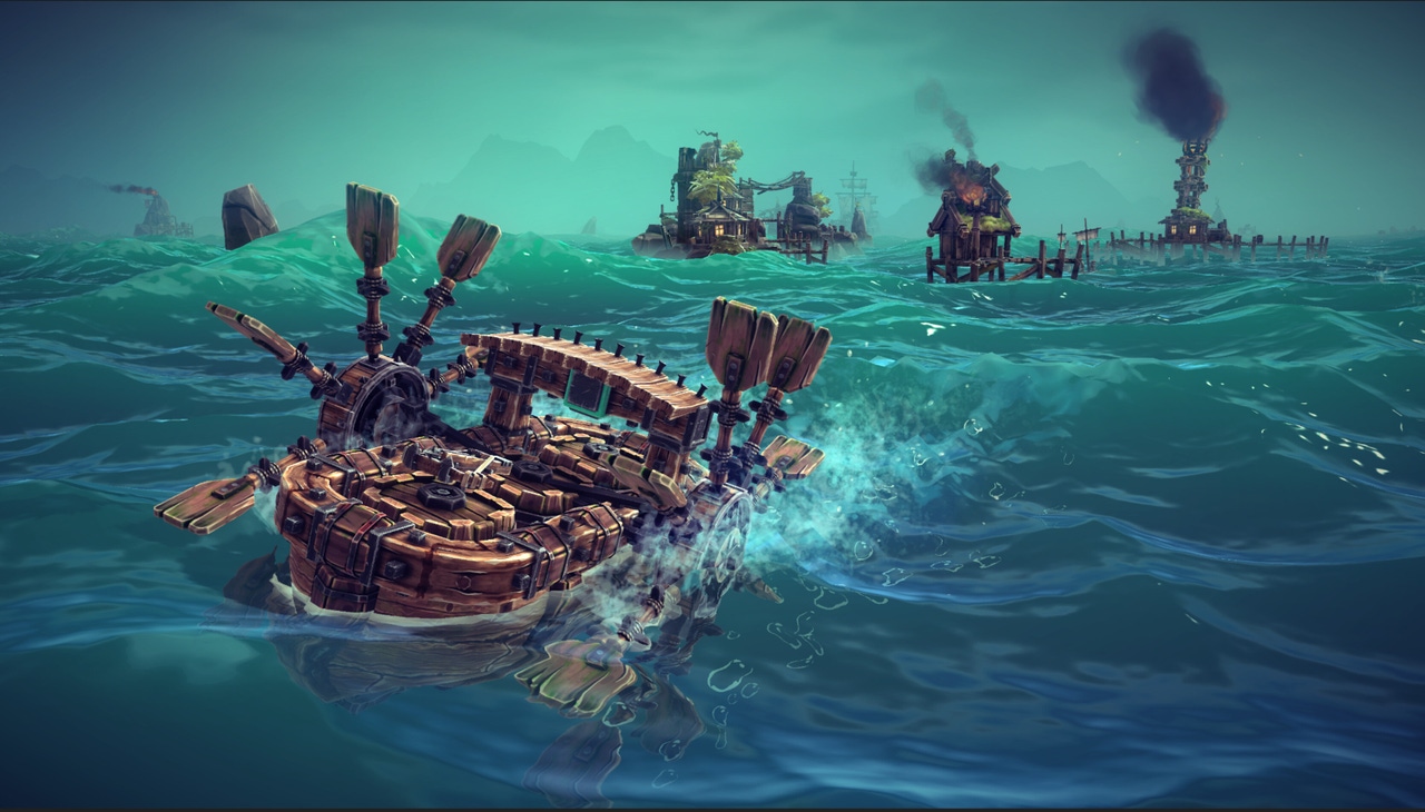 A player-made boat paddles through the ocean in Besiege. A player-made boat paddles through the ocean in Besiege.