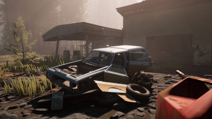 A screenshot from Pacific Drive showing a rusted vehicle