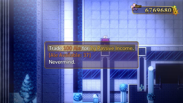 A message about trading ale for passive income is overlaid on a moonlit city