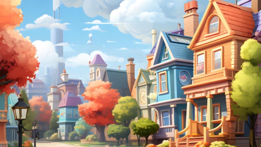 Key art of a neighborhood in the mobile game House Rush!.