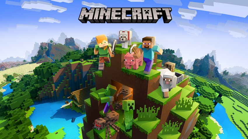 Minecraft characters including adorable livestock stood atop a grassy mountain